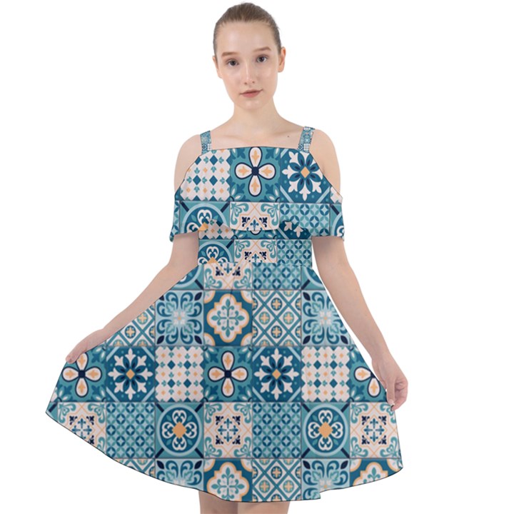 Ceramic Tile Pattern Cut Out Shoulders Chiffon Dress