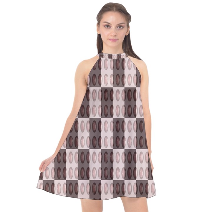 Rosegold Beads Chessboard Halter Neckline Chiffon Dress 