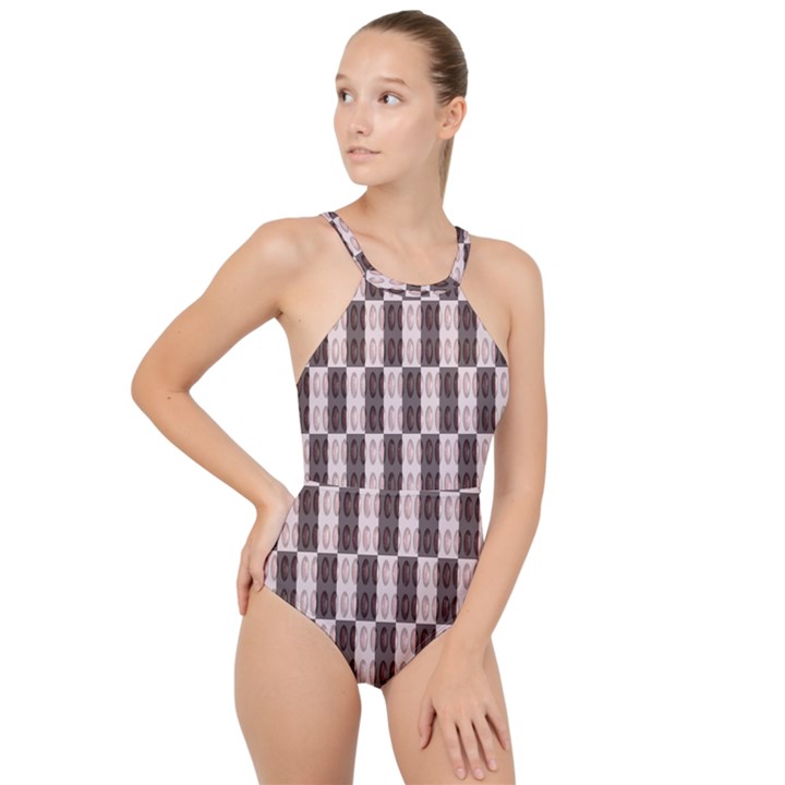 Rosegold Beads Chessboard High Neck One Piece Swimsuit