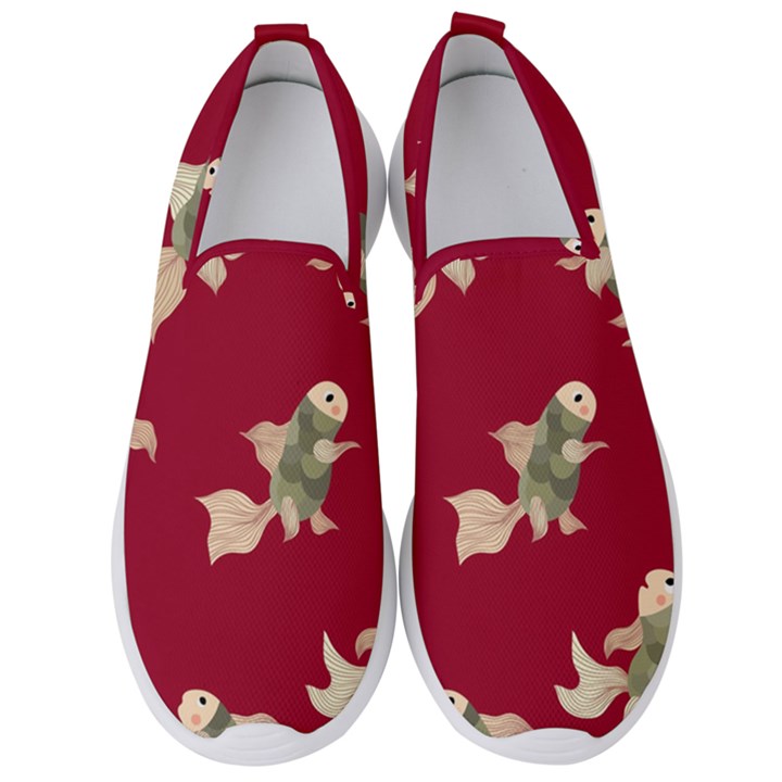 Bright decorative seamless  pattern with  fairy fish on the red background. Men s Slip On Sneakers