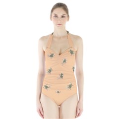 Delicate Decorative Seamless  Pattern With  Fairy Fish On The Peach Background Halter Swimsuit by EvgeniiaBychkova