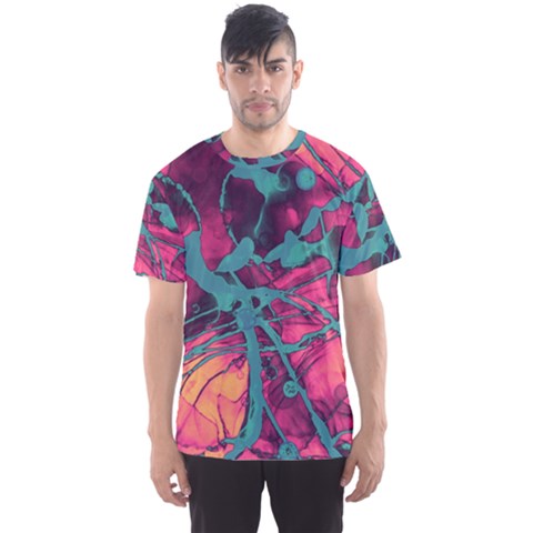 Pink And Turquoise Alcohol Ink Men s Sport Mesh Tee by Dazzleway