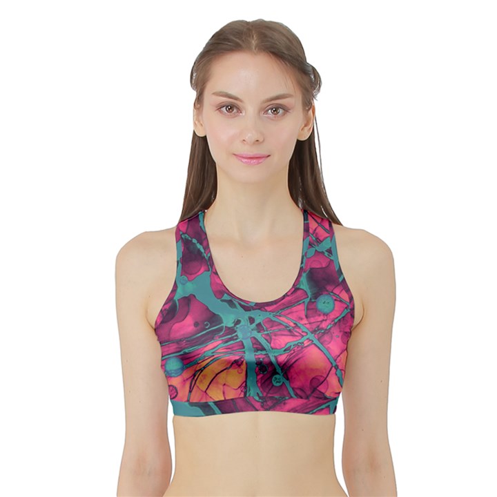 Pink and turquoise alcohol ink Sports Bra with Border