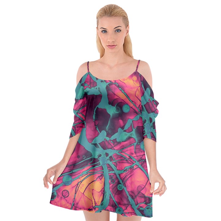 Pink and turquoise alcohol ink Cutout Spaghetti Strap Chiffon Dress