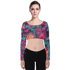 Pink And Turquoise Alcohol Ink Velvet Long Sleeve Crop Top by Dazzleway