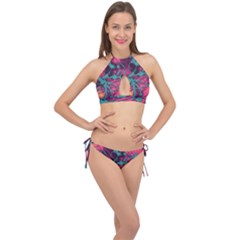 Pink And Turquoise Alcohol Ink Cross Front Halter Bikini Set by Dazzleway