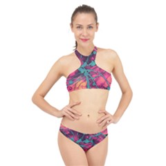 Pink And Turquoise Alcohol Ink High Neck Bikini Set by Dazzleway