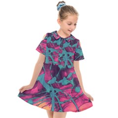 Pink And Turquoise Alcohol Ink Kids  Short Sleeve Shirt Dress by Dazzleway