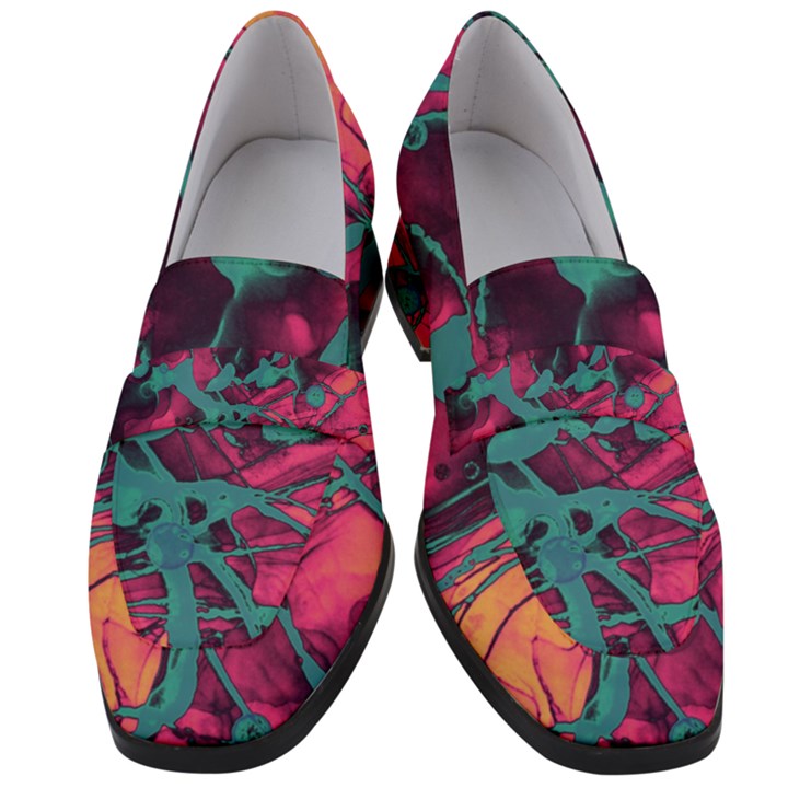 Pink and turquoise alcohol ink Women s Chunky Heel Loafers