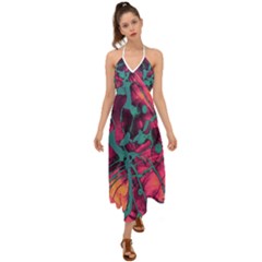 Pink And Turquoise Alcohol Ink Halter Tie Back Dress  by Dazzleway