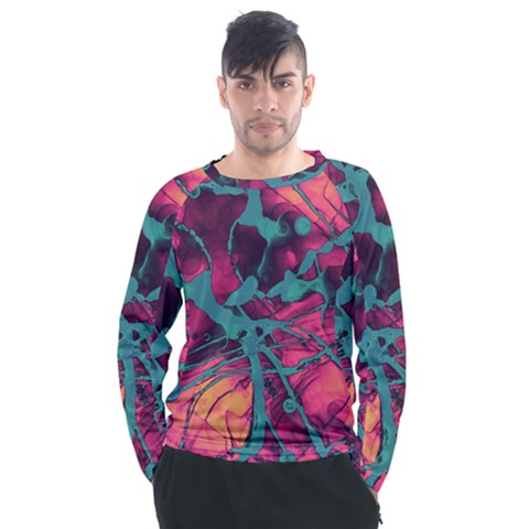 Pink And Turquoise Alcohol Ink Men s Long Sleeve Raglan Tee by Dazzleway