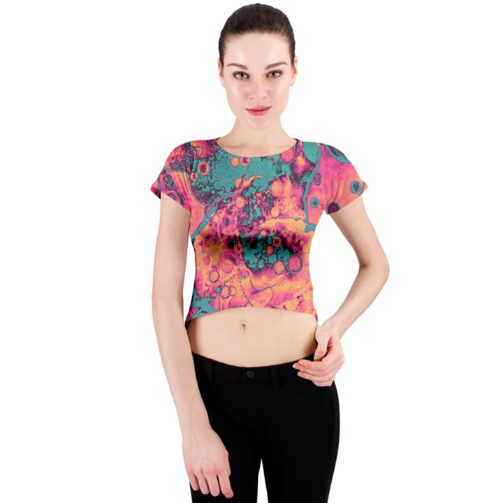 Orange and turquoise alcohol ink  Crew Neck Crop Top