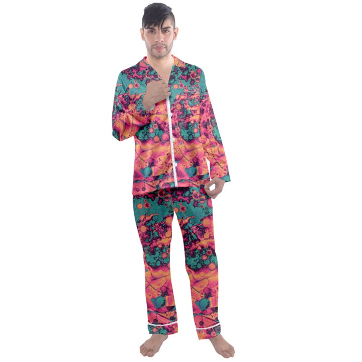 Orange and turquoise alcohol ink  Men s Long Sleeve Satin Pajamas Set