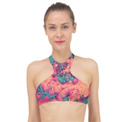 Orange And Turquoise Alcohol Ink  High Neck Bikini Top by Dazzleway