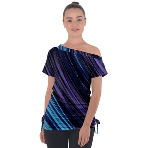 Blue And Purple Stripes Off Shoulder Tie-up Tee by Dazzleway