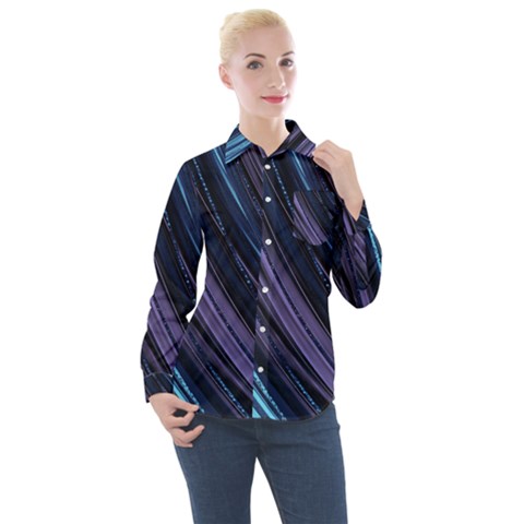 Blue And Purple Stripes Women s Long Sleeve Pocket Shirt by Dazzleway