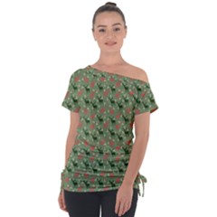 Deer Retro Pattern Off Shoulder Tie-up Tee