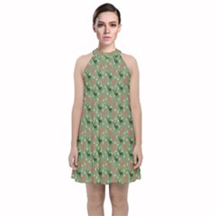 Deer Retro Pattern Velvet Halter Neckline Dress 