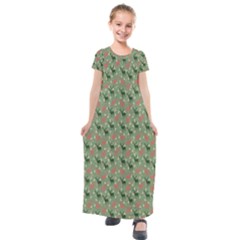 Deer Retro Pattern Kids  Short Sleeve Maxi Dress