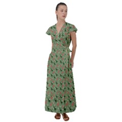 Deer Retro Pattern Flutter Sleeve Maxi Dress by HermanTelo