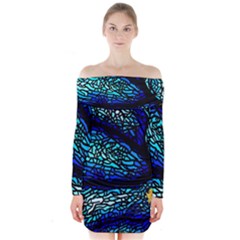 Sea-fans-diving-coral-stained-glass Long Sleeve Off Shoulder Dress by Sapixe