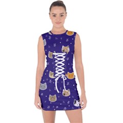 Multi Cats Lace Up Front Bodycon Dress by CleverGoods