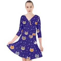 Multi Kitty Quarter Sleeve Front Wrap Dress