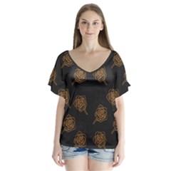 Roses Pattern Black-01 V-neck Flutter Sleeve Top by brightlightarts