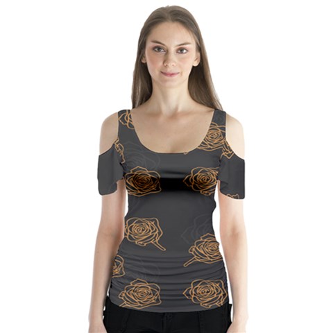 Roses Pattern Black Butterfly Sleeve Cutout Tee  by brightlightarts