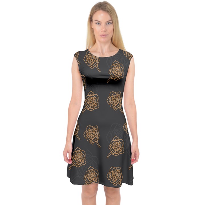 Roses Pattern Black Capsleeve Midi Dress