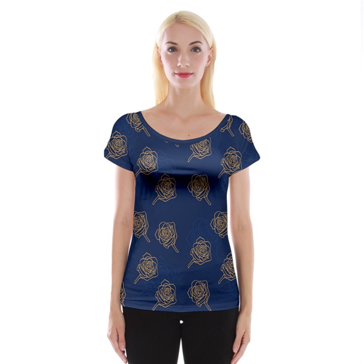 Roses Pattern Blue Color Cap Sleeve Top