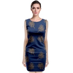 Roses Pattern Blue Color Sleeveless Velvet Midi Dress