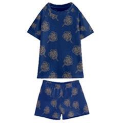 Roses Pattern Blue Color Kids  Swim Tee And Shorts Set by brightlightarts