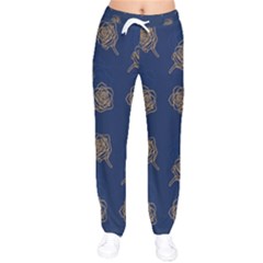 Roses Pattern Blue Color Women Velvet Drawstring Pants