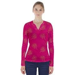 Roses Pattern Pink Color V-neck Long Sleeve Top by brightlightarts