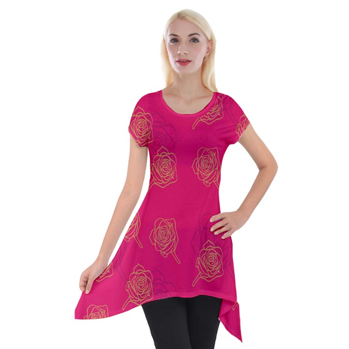 Roses Pattern Pink Color Short Sleeve Side Drop Tunic