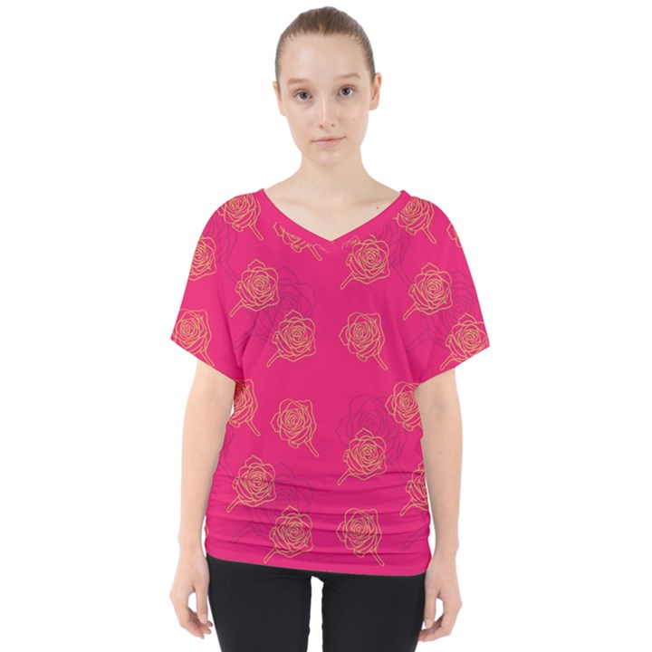 Roses Pattern Pink Color V-Neck Dolman Drape Top