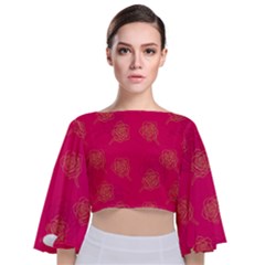 Roses Pattern Pink Color Tie Back Butterfly Sleeve Chiffon Top by brightlightarts