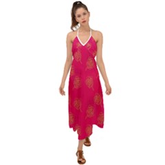 Roses Pattern Pink Color Halter Tie Back Dress  by brightlightarts