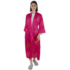 Roses Pattern Pink Color Maxi Satin Kimono by brightlightarts