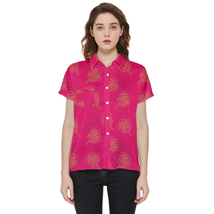 Roses Pattern Pink Color Short Sleeve Pocket Shirt