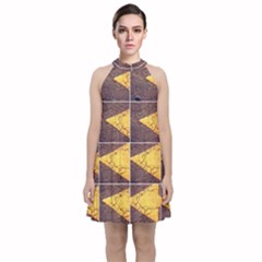 Yellow, Traffic, Cone, Arrow, Cracks, Asphalt  Velvet Halter Neckline Dress 