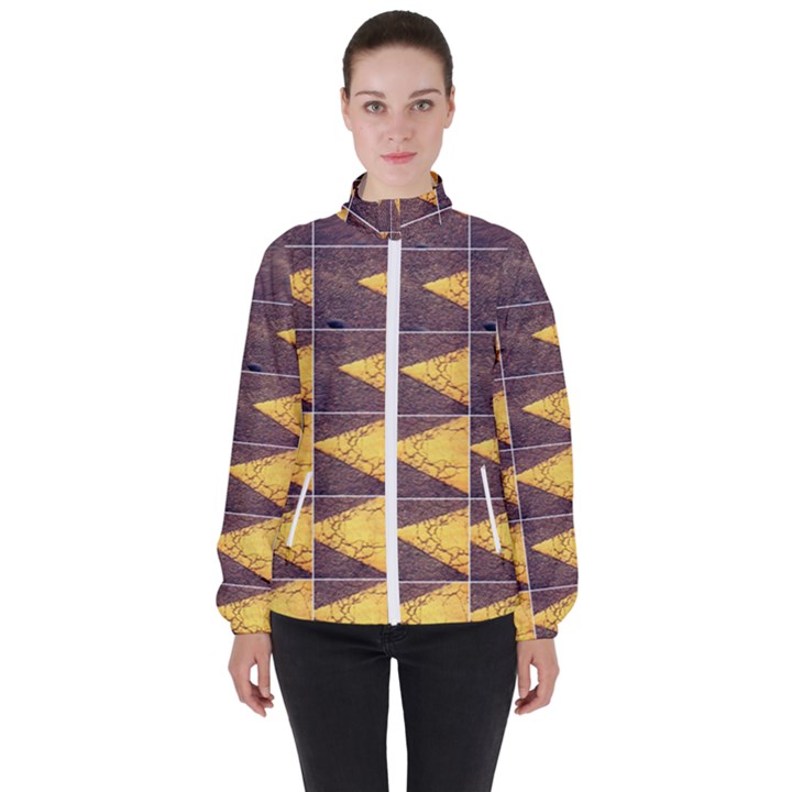 YELLOW, Traffic, cone, arrow, cracks, asphalt  Women s High Neck Windbreaker