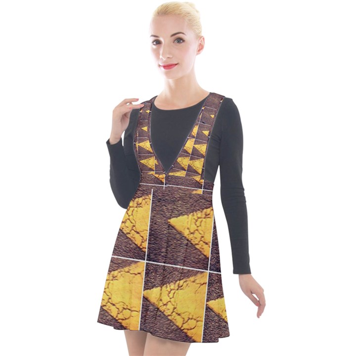 YELLOW, Traffic, cone, arrow, cracks, asphalt  Plunge Pinafore Velour Dress