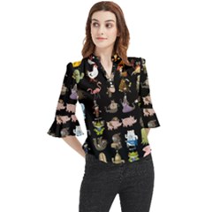 Glitch Glitchen Npc Animals And Characters Pattern Loose Horn Sleeve Chiffon Blouse