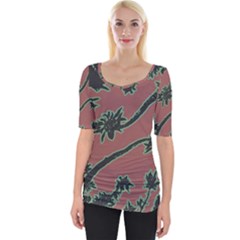 Tropical Style Floral Motif Print Pattern Wide Neckline Tee