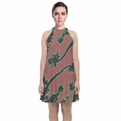 Tropical Style Floral Motif Print Pattern Velvet Halter Neckline Dress 