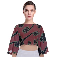 Tropical Style Floral Motif Print Pattern Tie Back Butterfly Sleeve Chiffon Top