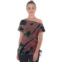 Tropical Style Floral Motif Print Pattern Off Shoulder Tie-up Tee