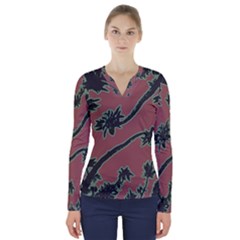 Tropical Style Floral Motif Print Pattern V-neck Long Sleeve Top by dflcprintsclothing